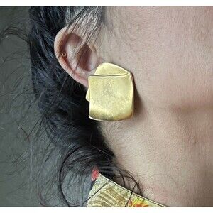 Vintage clip on statement‎ earrings square gold toned chunky 80s ornate jewelry